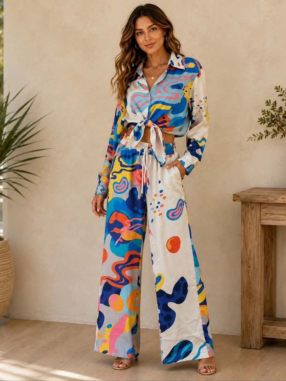TFY CO Abstract Long Sleeve Resort Wear - Vibrant Blue, Yellow & Pink Print